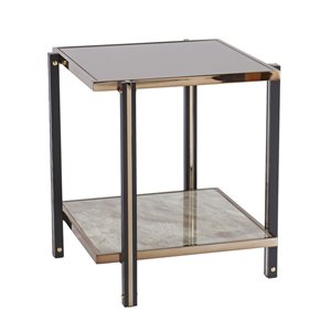 HomeRoots 24-in Champagne Glass and Iron Square Mirrored End Table with Shelf