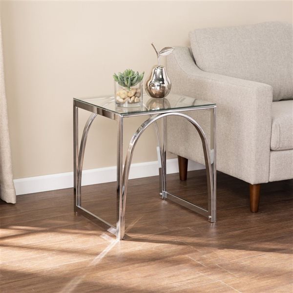 HomeRoots 22-in Chrome Glass and Iron Square End Table