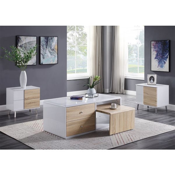 HomeRoots 22-in White High Gloss Wood Rectangular End Table with Two Drawers