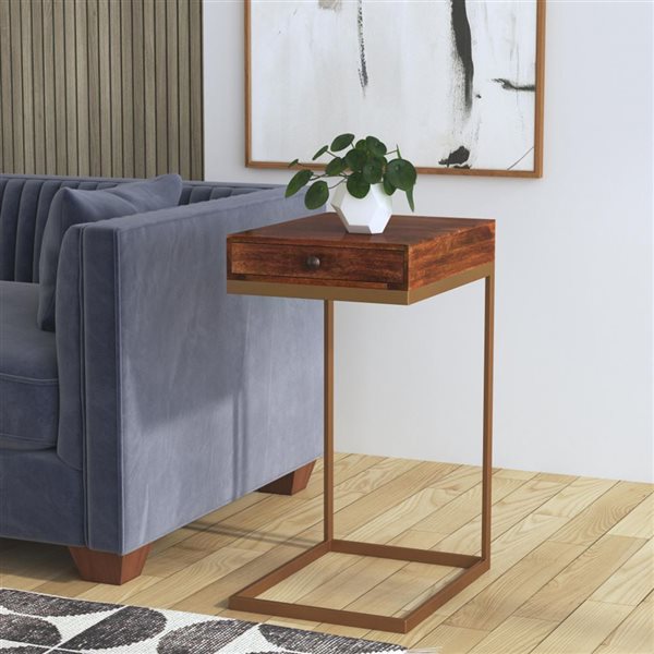 HomeRoots 27-in Natural Brown Solid and Wood Square End Table with Drawer