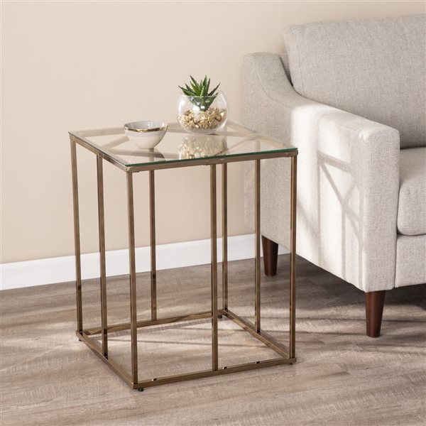 HomeRoots 24-in Champagne Glass and Iron Square End Table