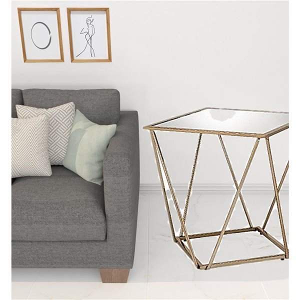 HomeRoots 24-in Champagne and Silver Glass and Metal Square Mirrored End Table