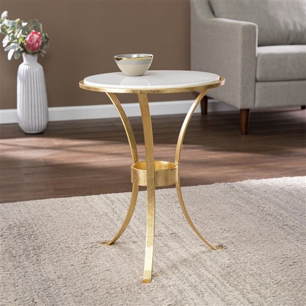 HomeRoots 23-in Gold Marble and Iron Round End Table