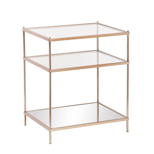 HomeRoots 27-in Gold Glass and Iron Square Mirrored End Table with Shelf