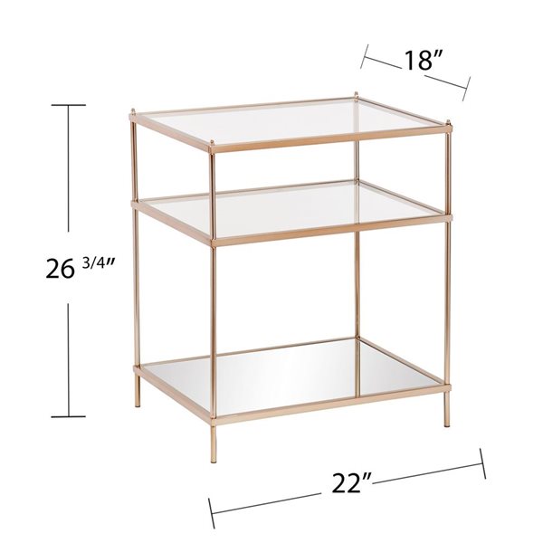 HomeRoots 27-in Gold Glass and Iron Square Mirrored End Table with Shelf