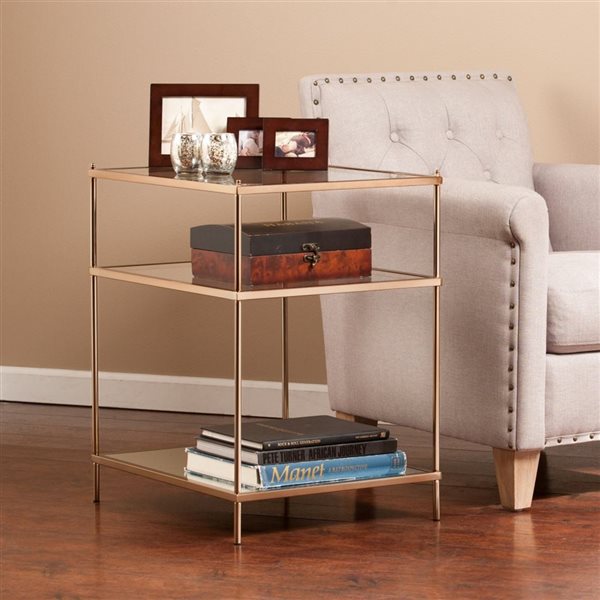 HomeRoots 27-in Gold Glass and Iron Square Mirrored End Table with Shelf