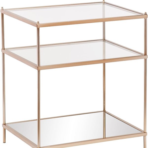 HomeRoots 27-in Gold Glass and Iron Square Mirrored End Table with Shelf