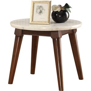 HomeRoots 22-in Walnut and White Faux Marble Round End Table