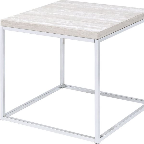 HomeRoots 24-in Chrome and White Oak Manufactured Wood and Metal Square End Table