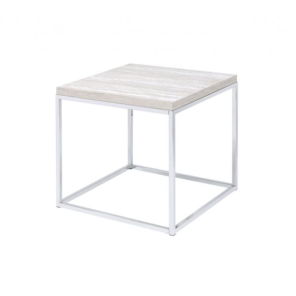 HomeRoots 24-in Chrome and White Oak Manufactured Wood and Metal Square End Table