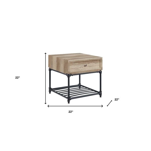 HomeRoots 22-in Sandy Black and Oak Wood and Metal Square End Table with Drawer and Shelf