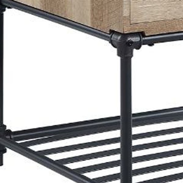 HomeRoots 22-in Sandy Black and Oak Wood and Metal Square End Table with Drawer and Shelf