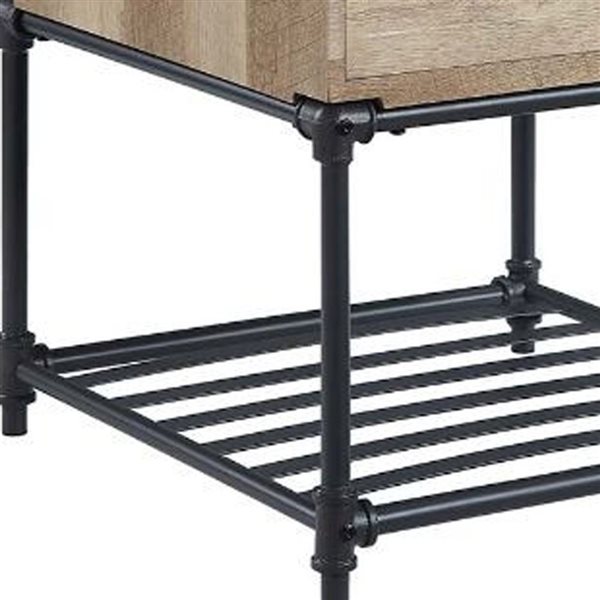 HomeRoots 22-in Sandy Black and Oak Wood and Metal Square End Table with Drawer and Shelf