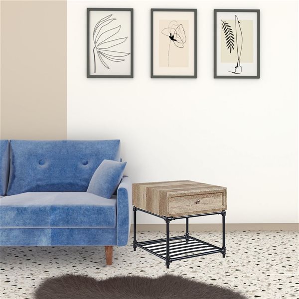 HomeRoots 22-in Sandy Black and Oak Wood and Metal Square End Table with Drawer and Shelf