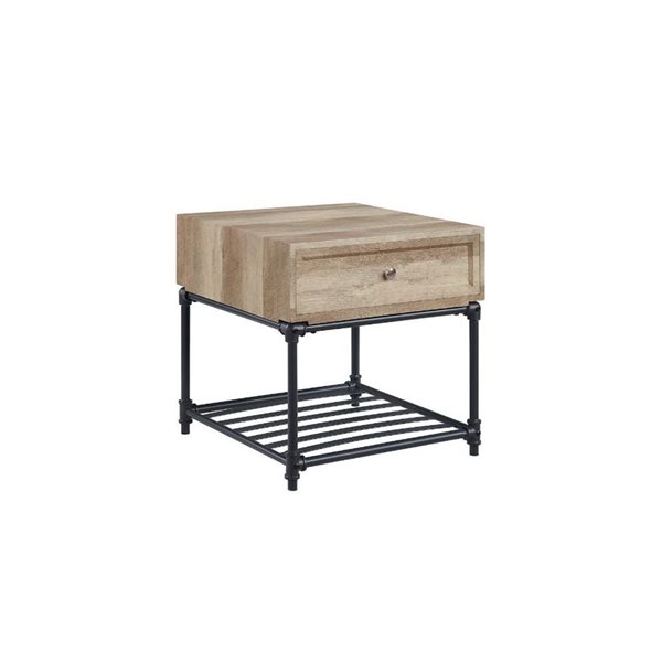 HomeRoots 22-in Sandy Black and Oak Wood and Metal Square End Table with Drawer and Shelf