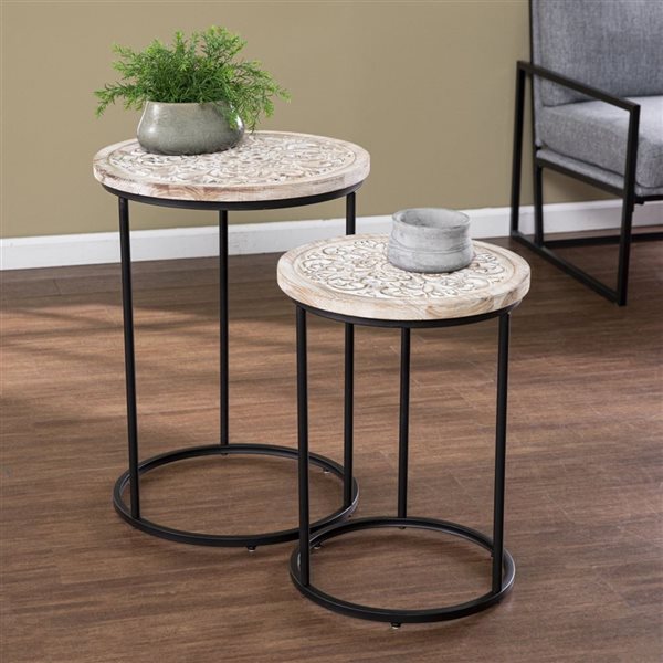 HomeRoots Set Of Two 25-in White Solid Wood and Iron Square End Tables