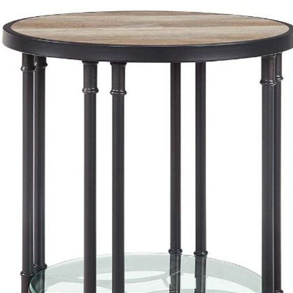 HomeRoots 24-in Sandy Black and Oak Wood and Metal Round End Table with Shelf