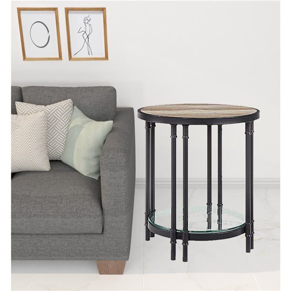 HomeRoots 24-in Sandy Black and Oak Wood and Metal Round End Table with Shelf