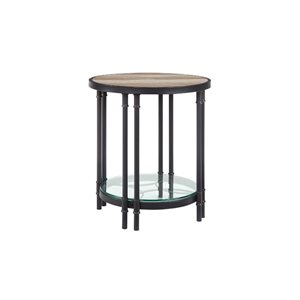 HomeRoots 24-in Sandy Black and Oak Wood and Metal Round End Table with Shelf