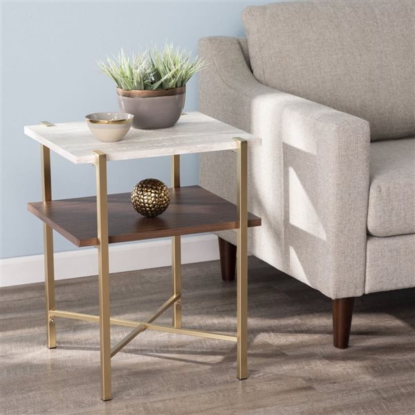 HomeRoots 24-in Brass Manufactured Wood and Iron Square End Table with Shelf