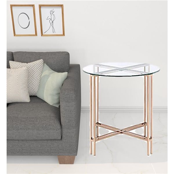 HomeRoots 24-in Champagne and Clear Glass and Metal Round End Table