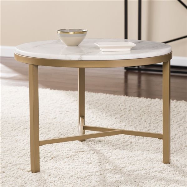 HomeRoots 18-in Gold and White Marble Round End Table