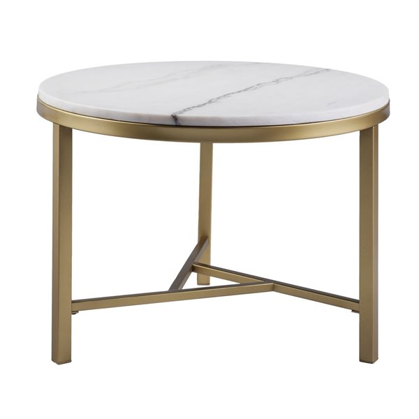 HomeRoots 18-in Gold and White Marble Round End Table