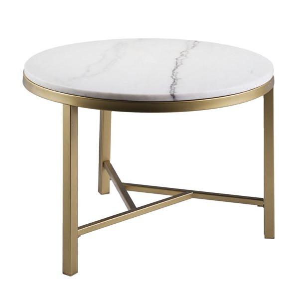 HomeRoots 18-in Gold and White Marble Round End Table