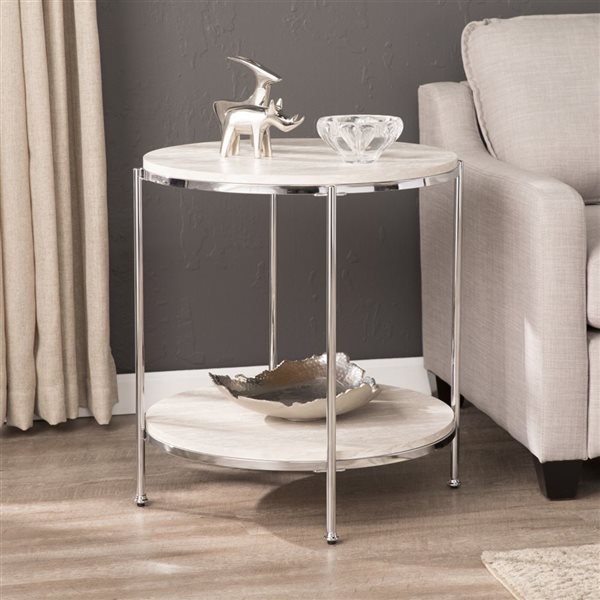 HomeRoots 24-in Chrome Wood and Iron Rectangular End Table with Shelf