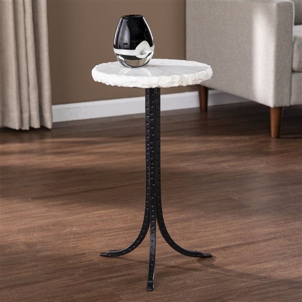 HomeRoots 23-in Black and White Marble and Metal Round End Table