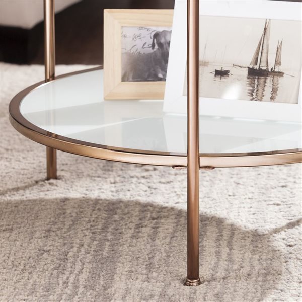 HomeRoots 26-in Gold Glass and Iron Round End Table with Shelf