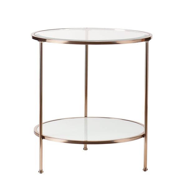 HomeRoots 26-in Gold Glass and Iron Round End Table with Shelf