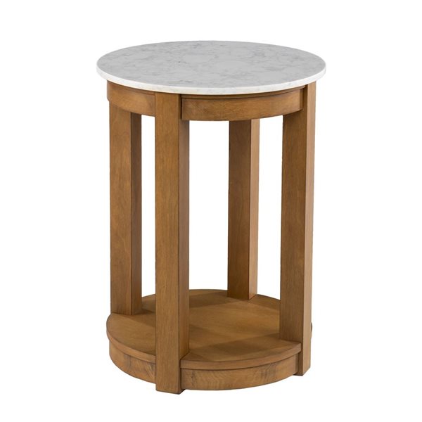 HomeRoots 22-in Natural Wood and White Faux Marble Wood Round End Table with Shelf