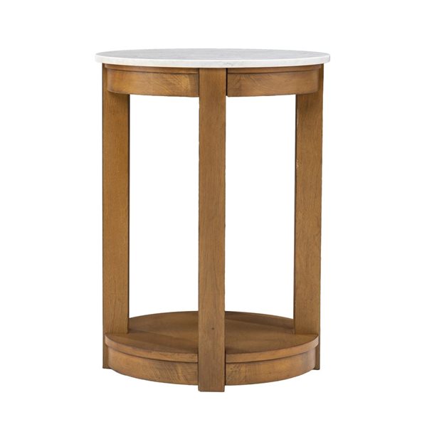 HomeRoots 22-in Natural Wood and White Faux Marble Wood Round End Table with Shelf