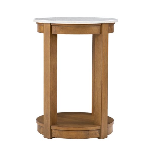 HomeRoots 22-in Natural Wood and White Faux Marble Wood Round End Table with Shelf