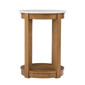 HomeRoots 22-in Natural Wood and White Faux Marble Wood Round End Table with Shelf