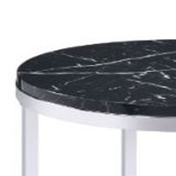 HomeRoots 25-in Chrome and Black Faux Marble and Metal Round End Table with Shelf