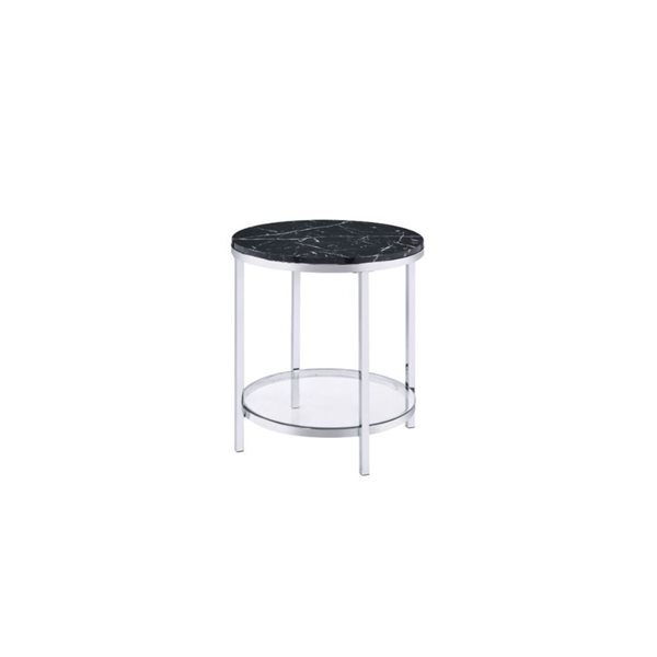 HomeRoots 25-in Chrome and Black Faux Marble and Metal Round End Table with Shelf