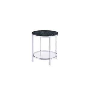 HomeRoots 25-in Chrome and Black Faux Marble and Metal Round End Table with Shelf