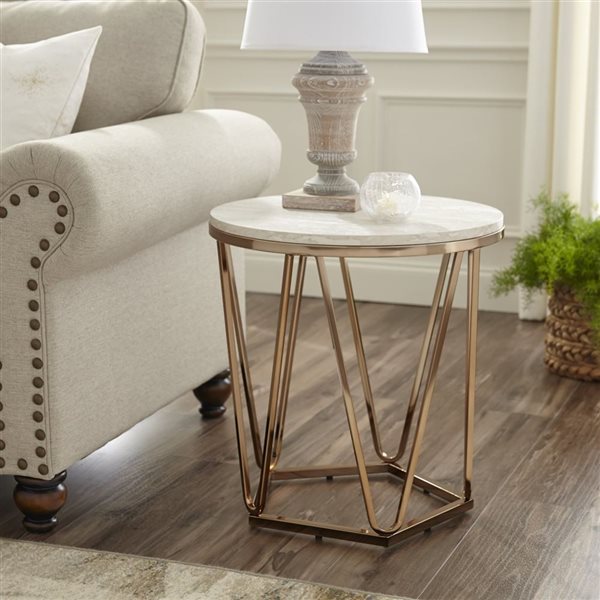 HomeRoots 23-in Champagne Manufactured Wood and Iron Round End Table