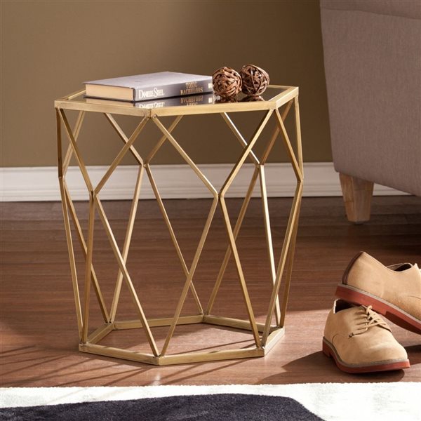 HomeRoots 19-in Gold and Reflective Glass Hexagon Mirrored End Table