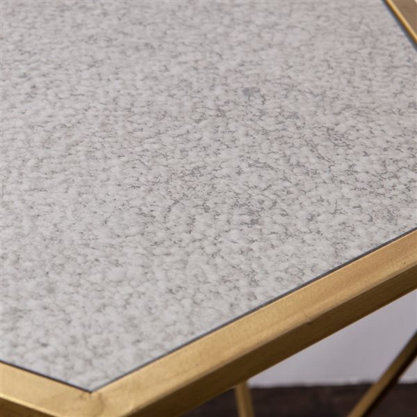 HomeRoots 19-in Gold and Reflective Glass Hexagon Mirrored End Table