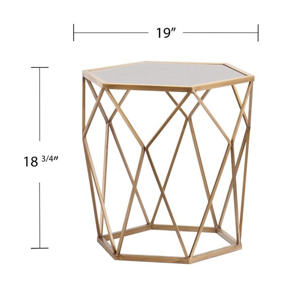 HomeRoots 19-in Gold and Reflective Glass Hexagon Mirrored End Table