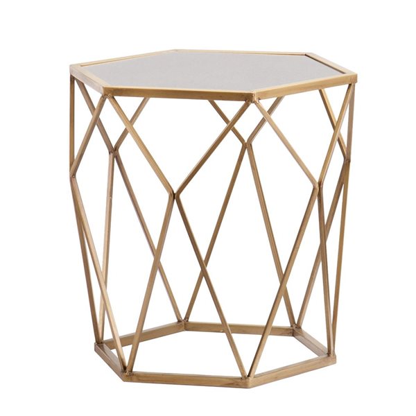 HomeRoots 19-in Gold and Reflective Glass Hexagon Mirrored End Table