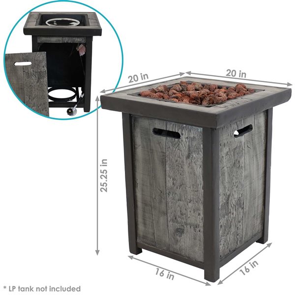 Sunnydaze Square Propane Gas Fire Pit Table Weathered Wood Look 40000 BTU 20-in