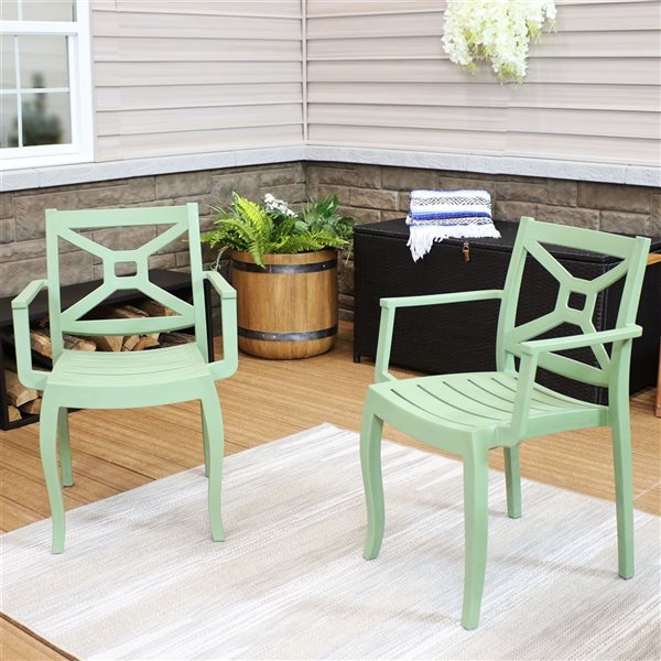 Sunnydaze Tristana Plastic Outdoor Patio Arm Chair Green Set of 2