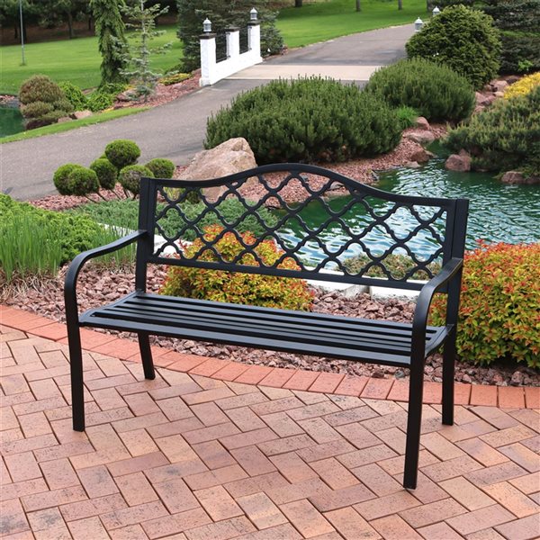 Sunnydaze Black Cast Iron Lattice Patio Garden Bench 50-in