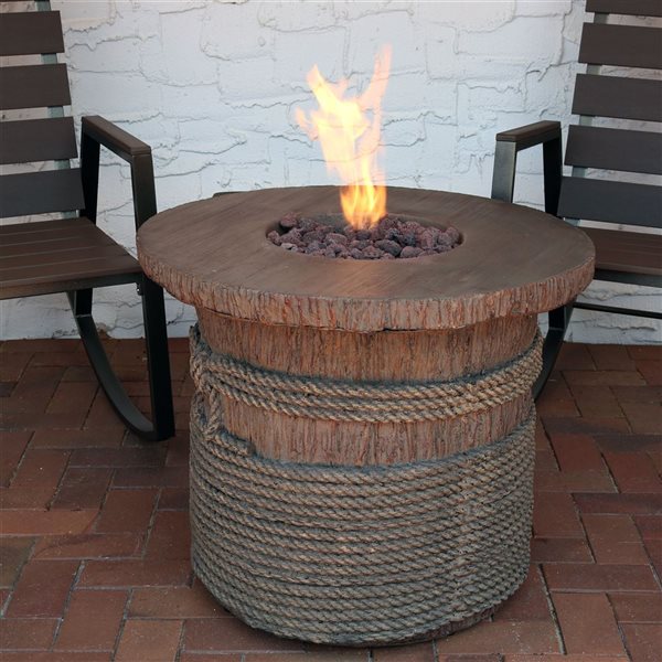 Sunnydaze Rope and Barrel Propane Gas Fire Pit Table with Lava Rocks 40000 BTU  29-in