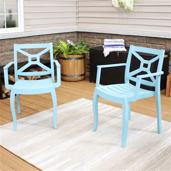 Sunnydaze Tristana Plastic Outdoor Patio Arm Chair Blue Set of 2