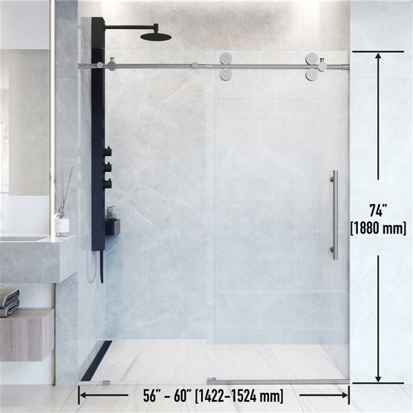 Porte de douche coulissante en verre feuilleté de 74 po H. Elan de Vigo sans cadre, acier inoxydable